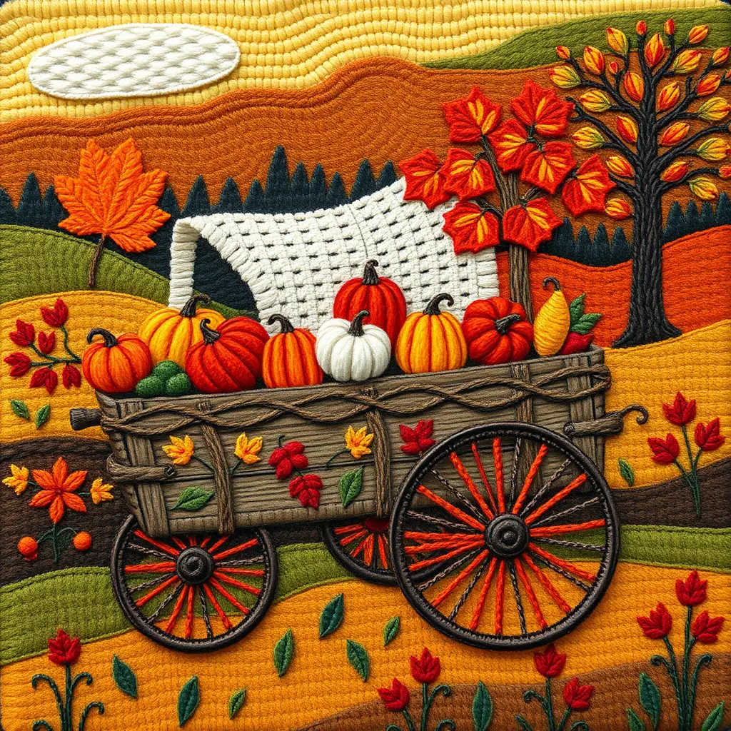 Colorful autumn cart in a warm folk art countryside
