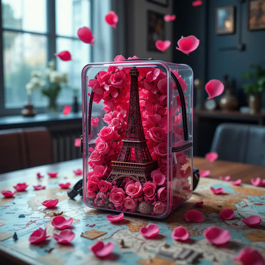 Transparent backpack sculpture with eiffel tower inside on table