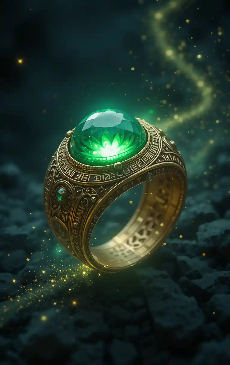 Ancient Gold Ring With Glowing Emerald Eye In Space