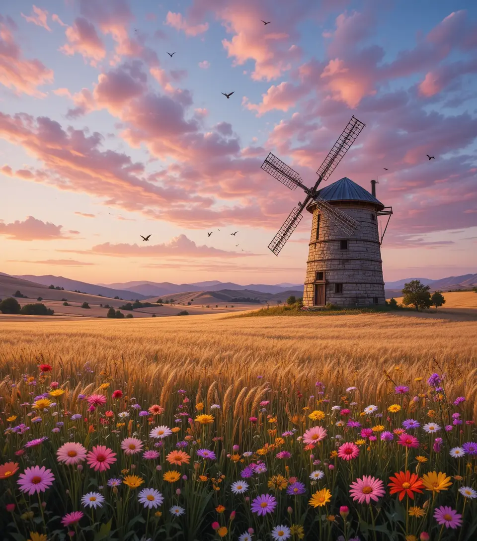 Rustic Windmill In Golden Wheat Fields At Sunset