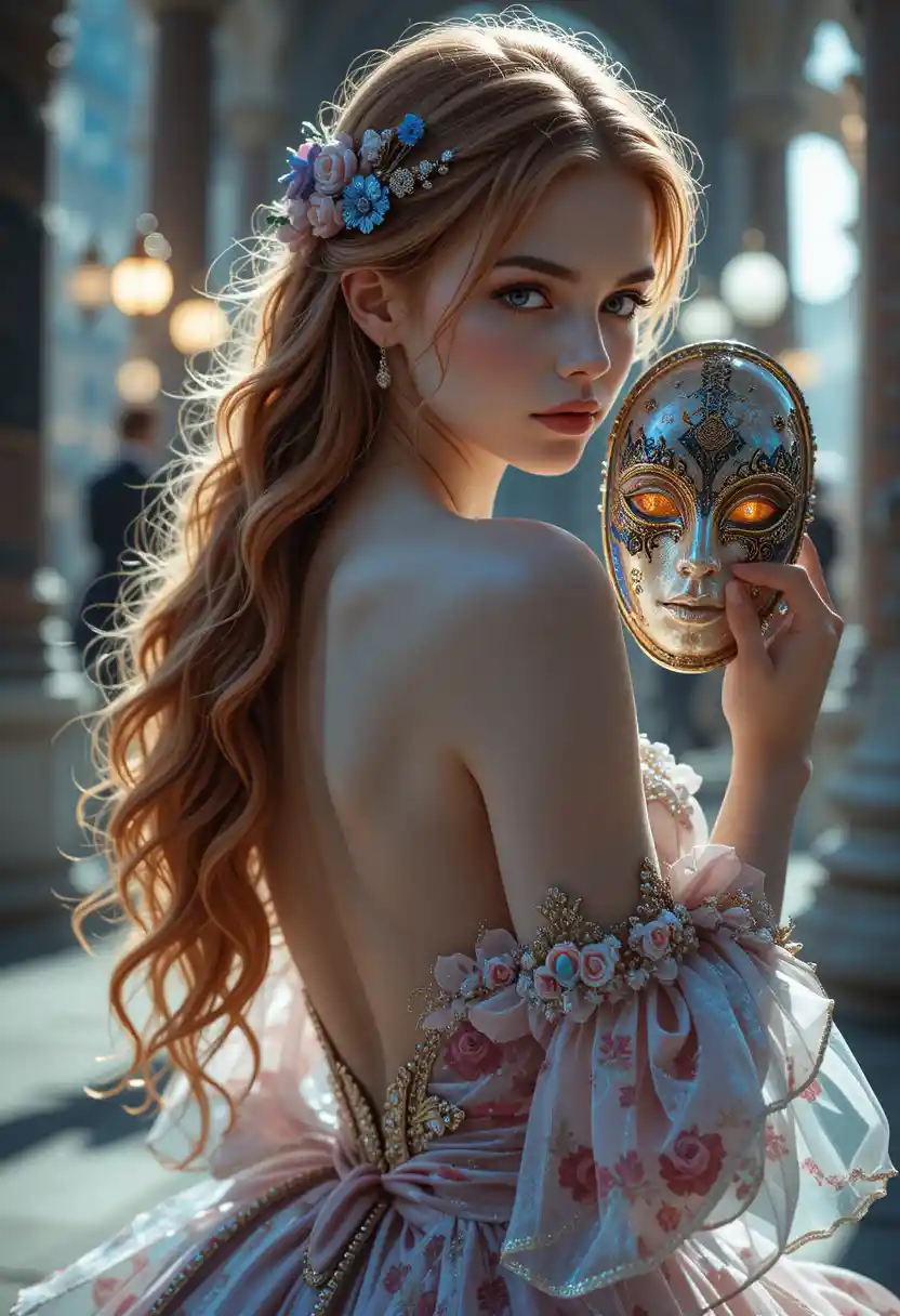 Venetian girl holding a carnival mask in soft light
