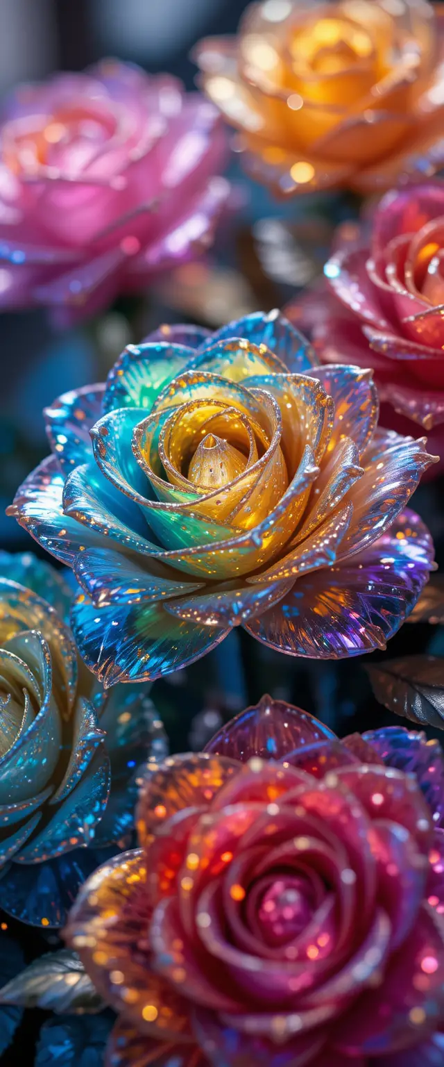 Colorful crystal roses sparkling with shimmering light