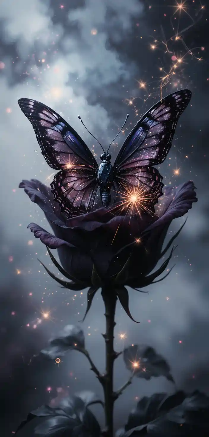 Mystical nocturnal butterfly with dark rose double exposure