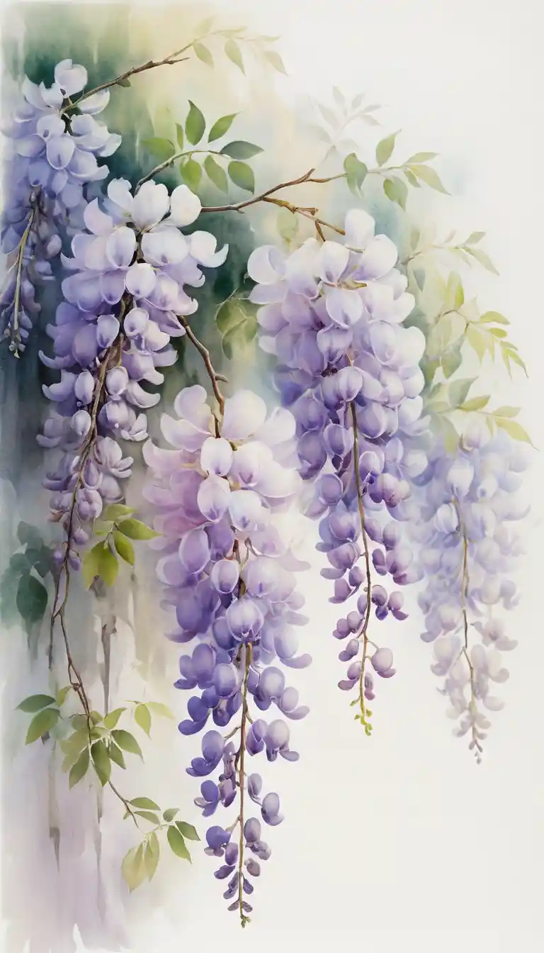Impressionist watercolor of a distant wisteria trellis