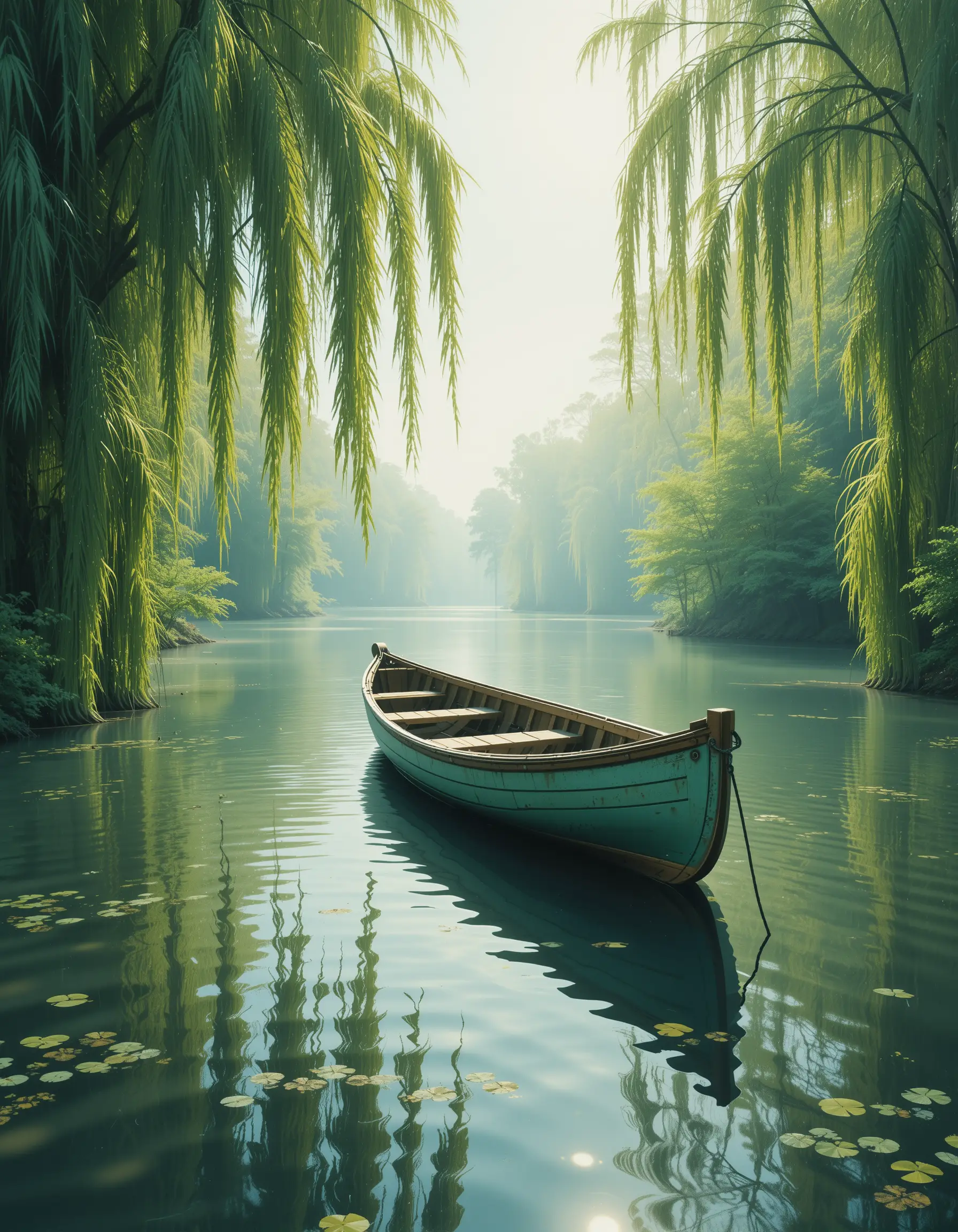 Rowboat Floating On Calm Lake Among Drooping Willow Trees