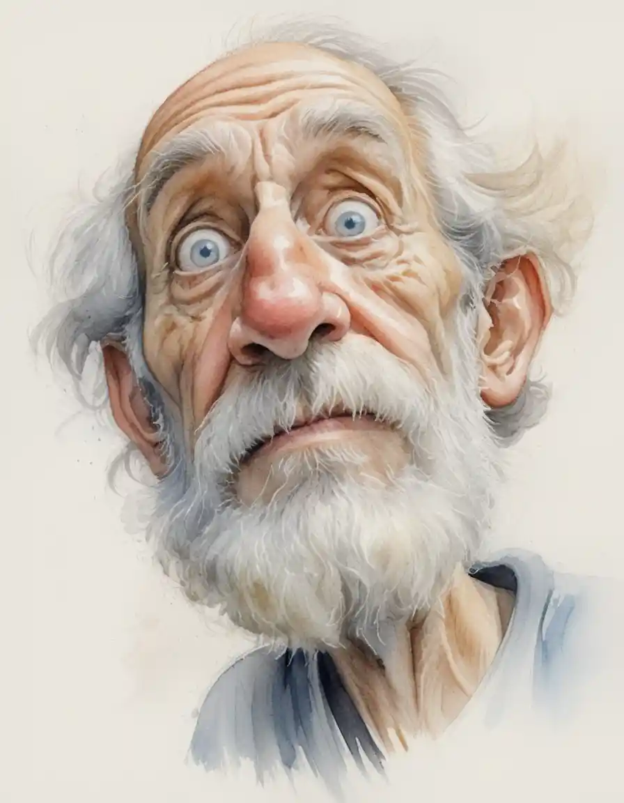 Watercolor caricature of an old man with wide eyes