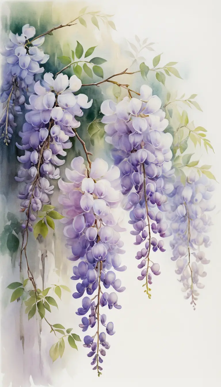 Impressionist watercolor of a distant wisteria trellis