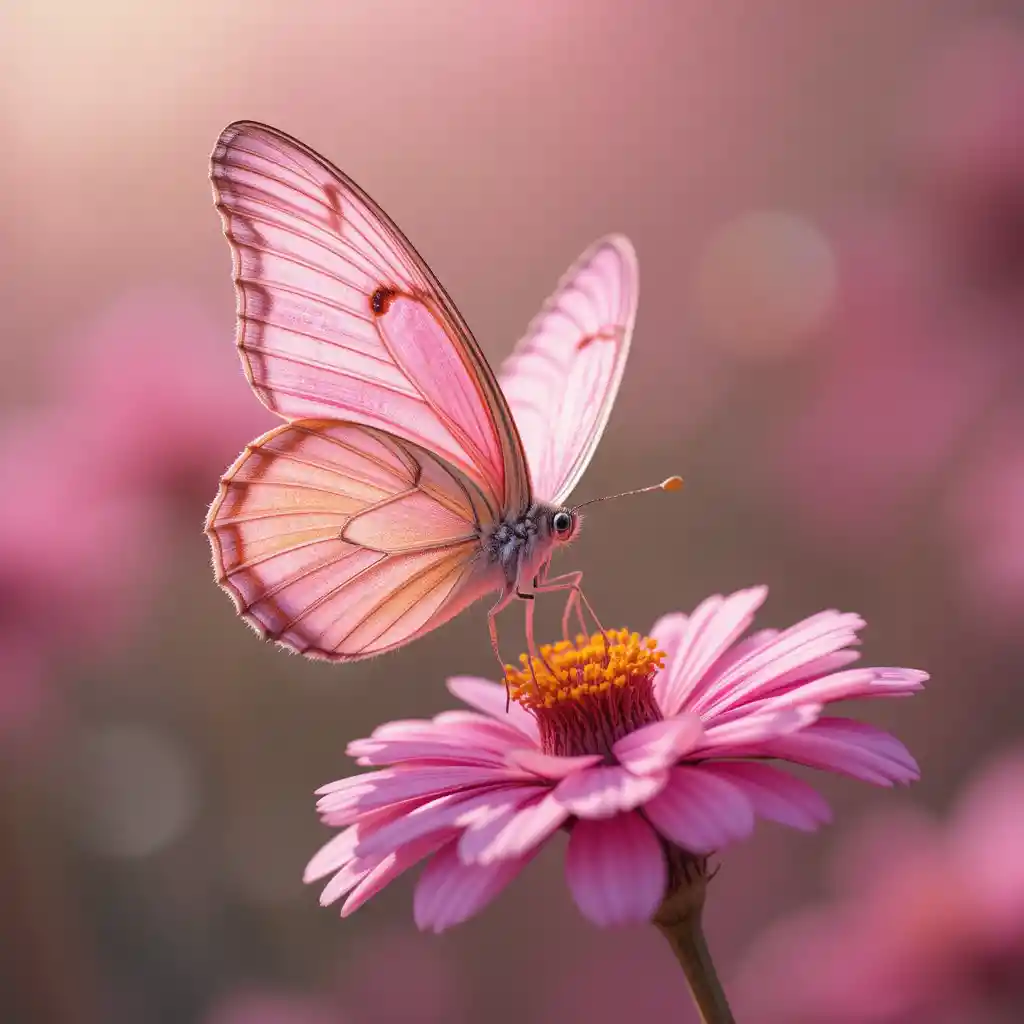 Pink butterfly resting on flower with dreamy fairy background