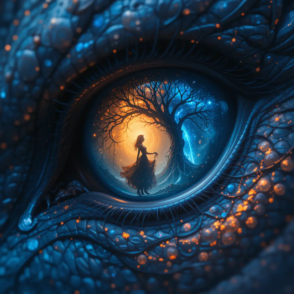 Close up of a dragon eye with dancing fairy reflection