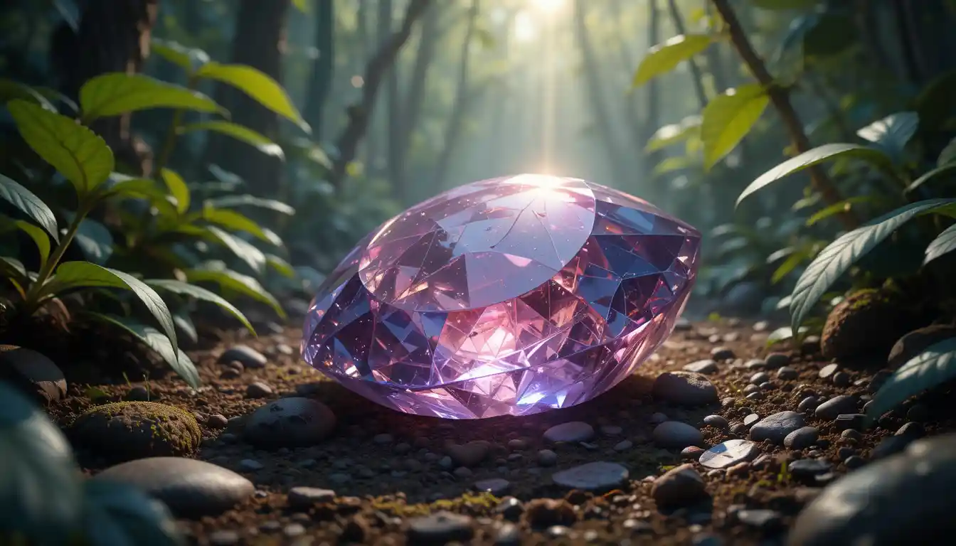 Glowing gemstone resting on jungle lianas with magic light