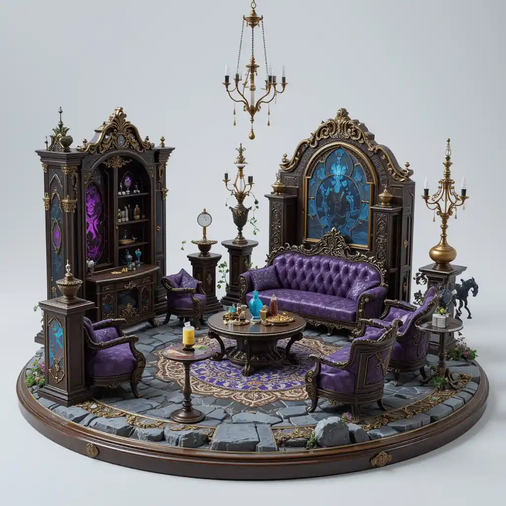 Diorama 3D fantastique avec mobilier RPG miniature opulent