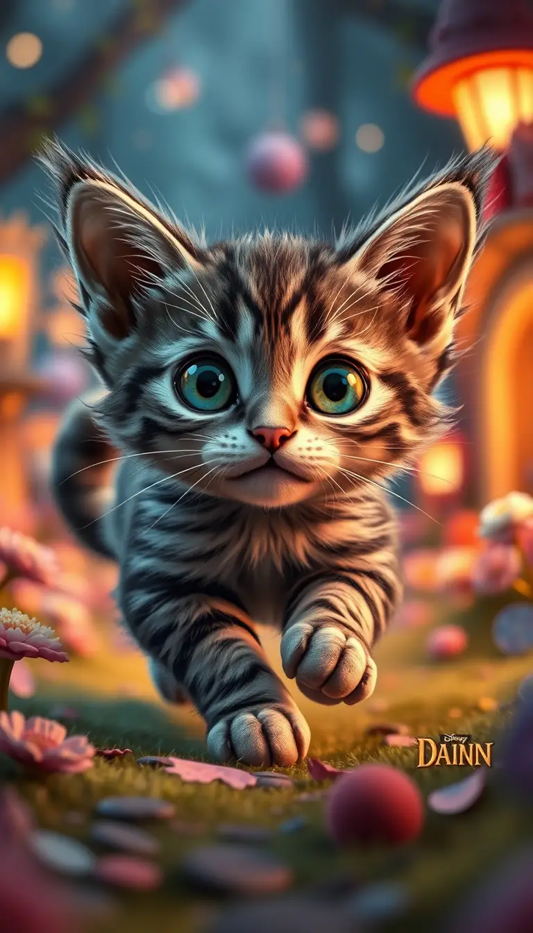Dolce gatto fantasy che corre in un mondo delle meraviglie fiabesco