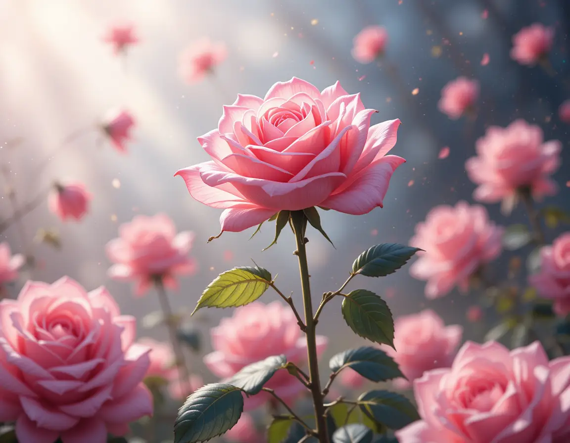 Pink rose drawing with soft romantic light rays