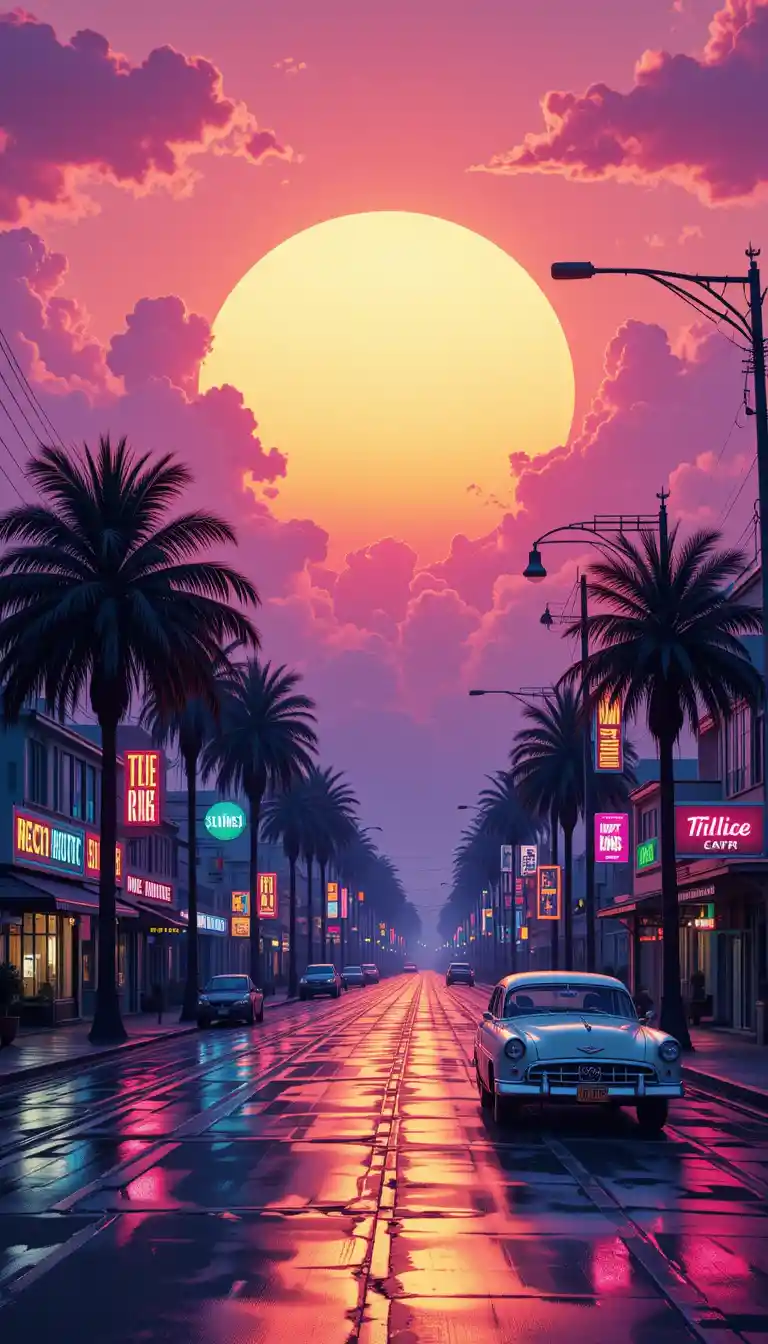 Dreamy sunset city street with neon lights and car