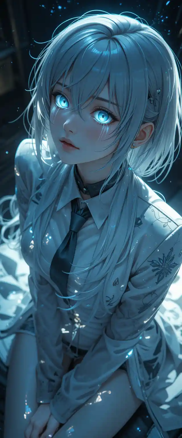 Anime woman with tearful eyes viewed from above
