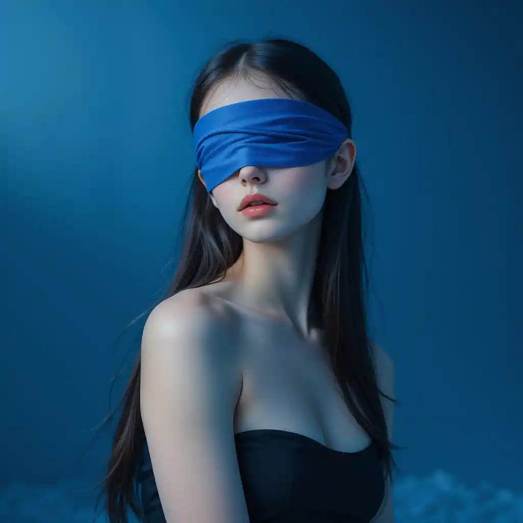 Blindfolded woman in blue with calm cinematic aura