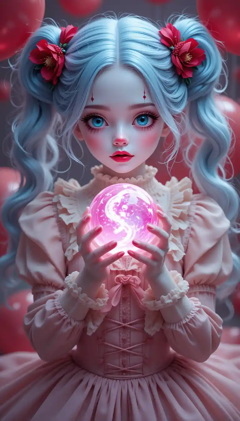 Fantasy girl with crystal orb and red balloons