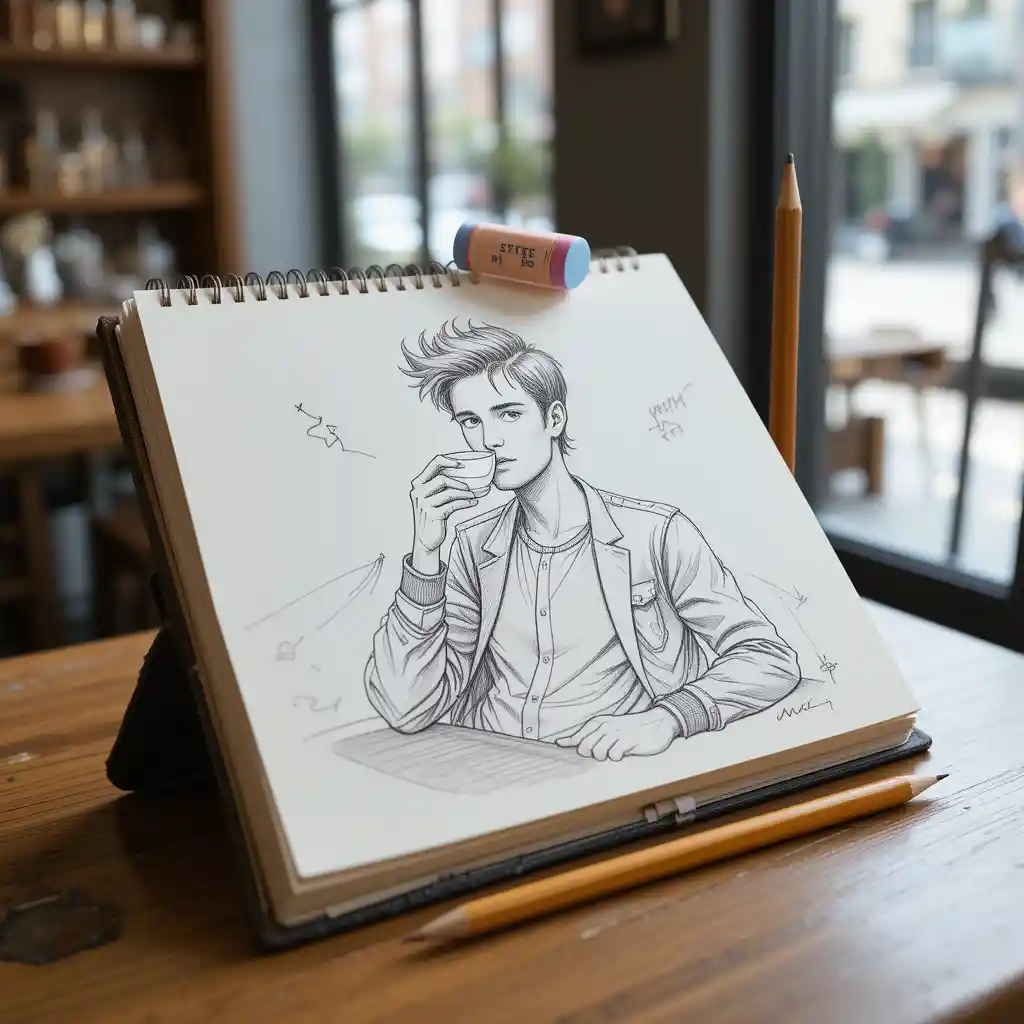 Surreal sketchbook scene of young man enjoying coffee
