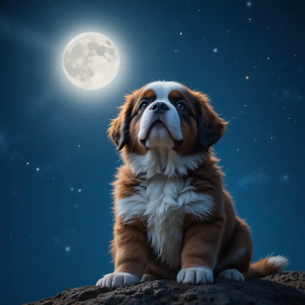 Saint Bernard puppy under glowing full moon night sky