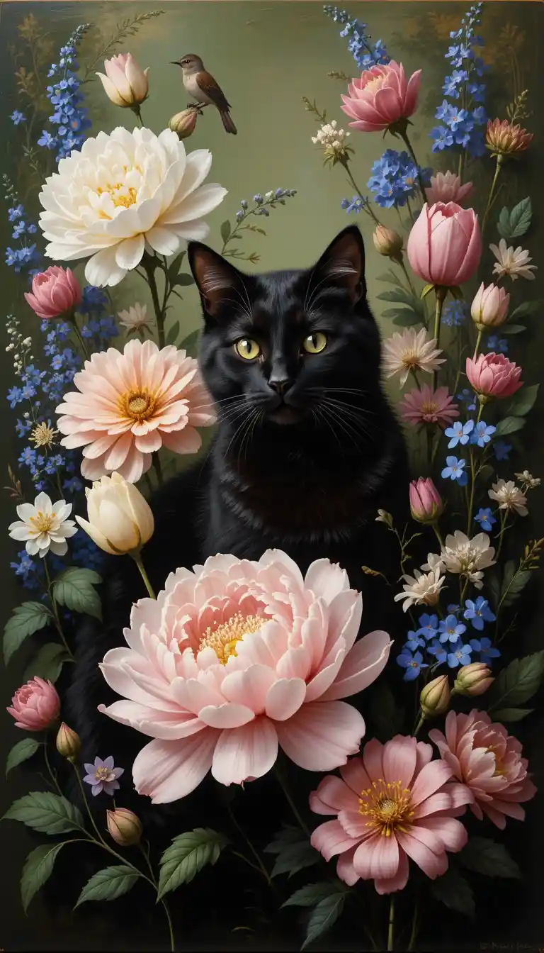 Black cat among tulips and roses in oil painting