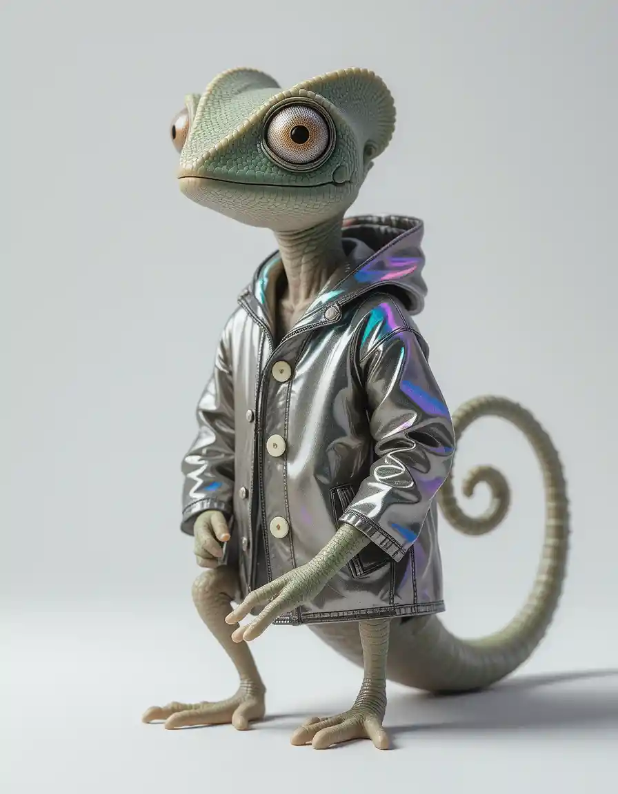 Anthropomorphic chameleon toy in a stylish lamé raincoat