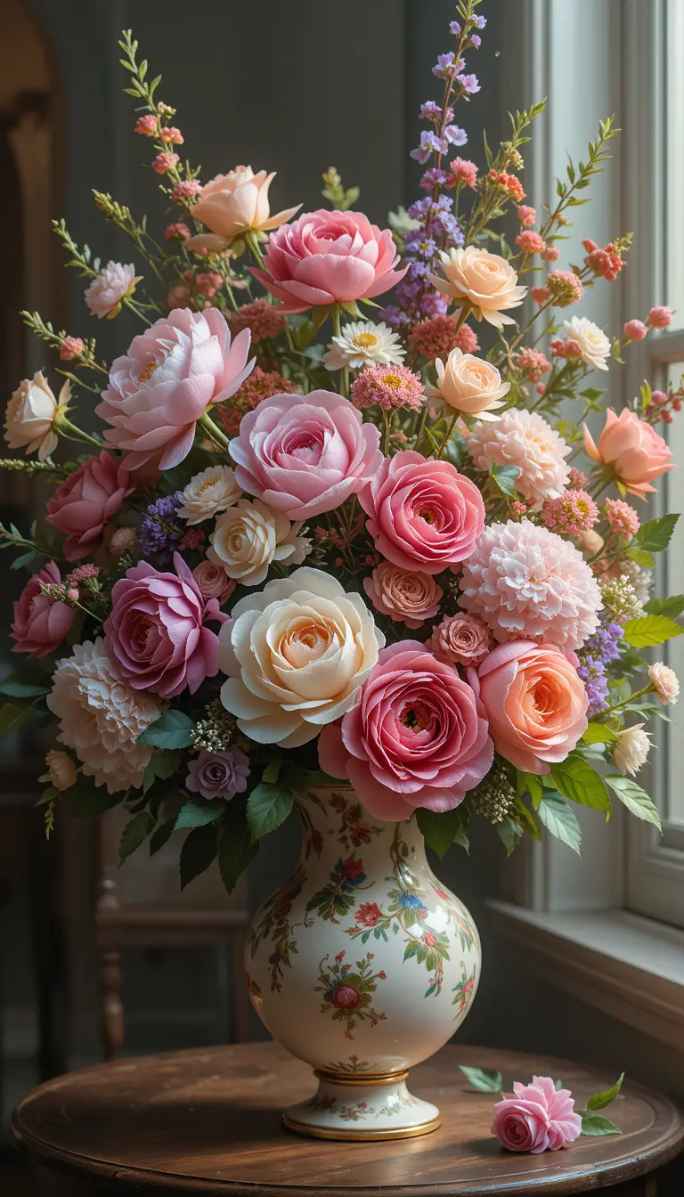 Vibrant flower bouquet in an antique vase with soft light