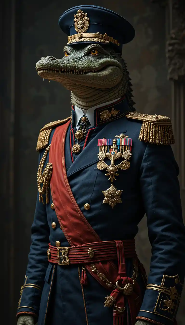 Anthropomorphic crocodile general in formal navy military uniform