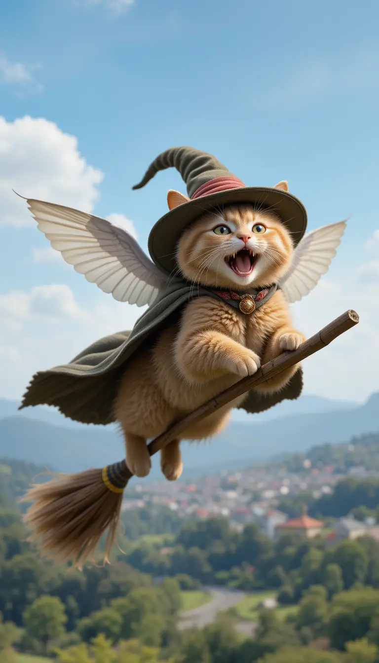 Fliegende Katze auf einem Besen über einer friedlichen Stadtlandschaft