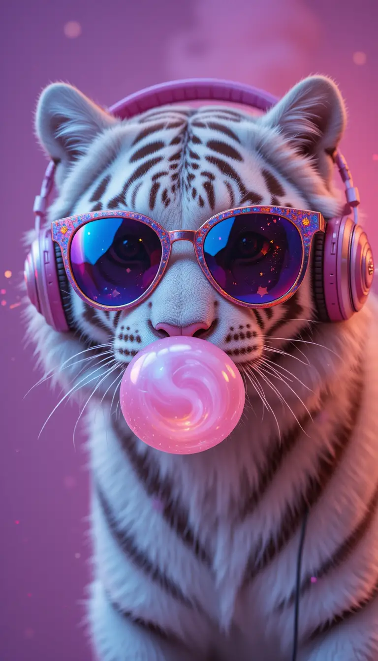 White tiger with sunglasses and headphones blowing bubblegum