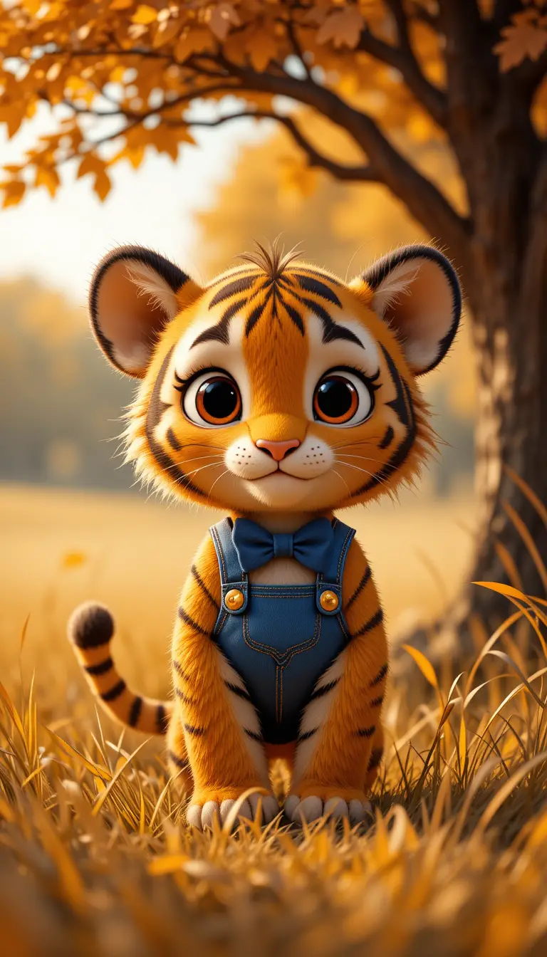 Cute cartoon tiger cub in golden grass under tree