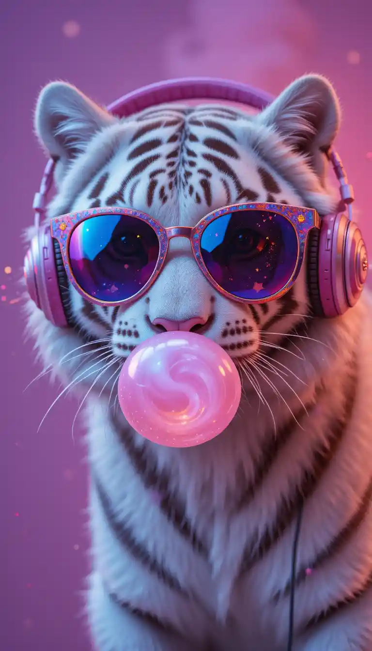 White tiger with sunglasses and headphones blowing bubblegum