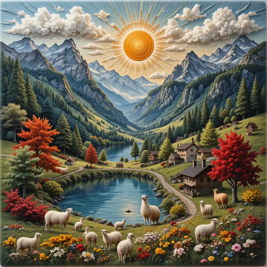 Colorful wool embroidered swiss village and wild landscape