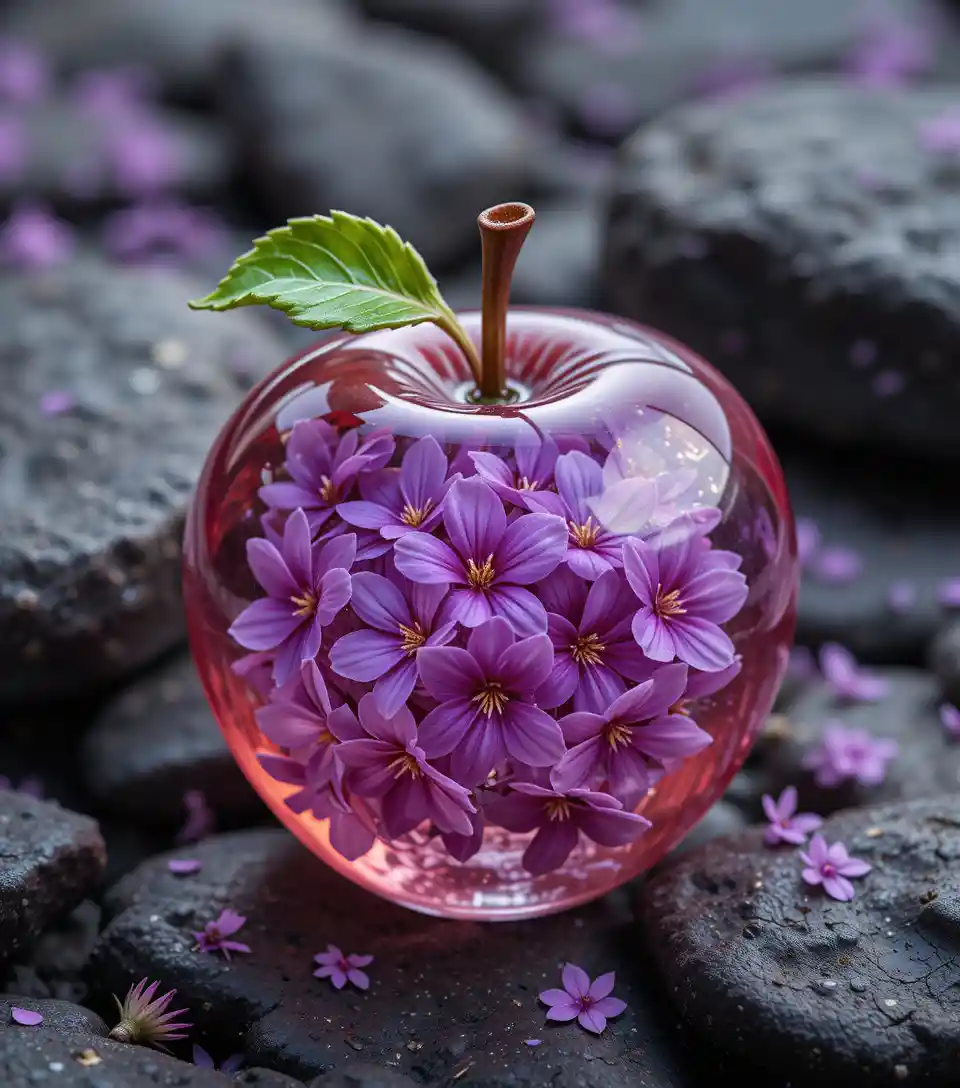Glass Apple With Encased Purple Flowers On Dark Rocks