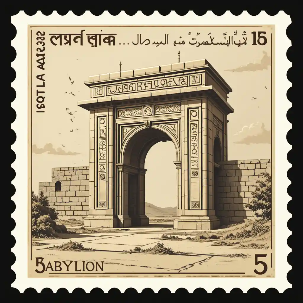 Modern square postage stamp of the Ishtar Gate monument