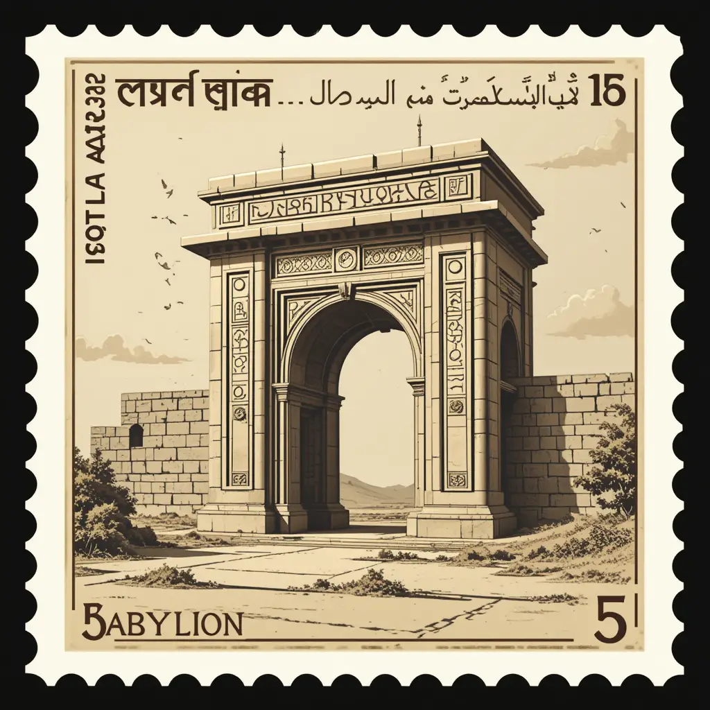 Modern square postage stamp of the Ishtar Gate monument