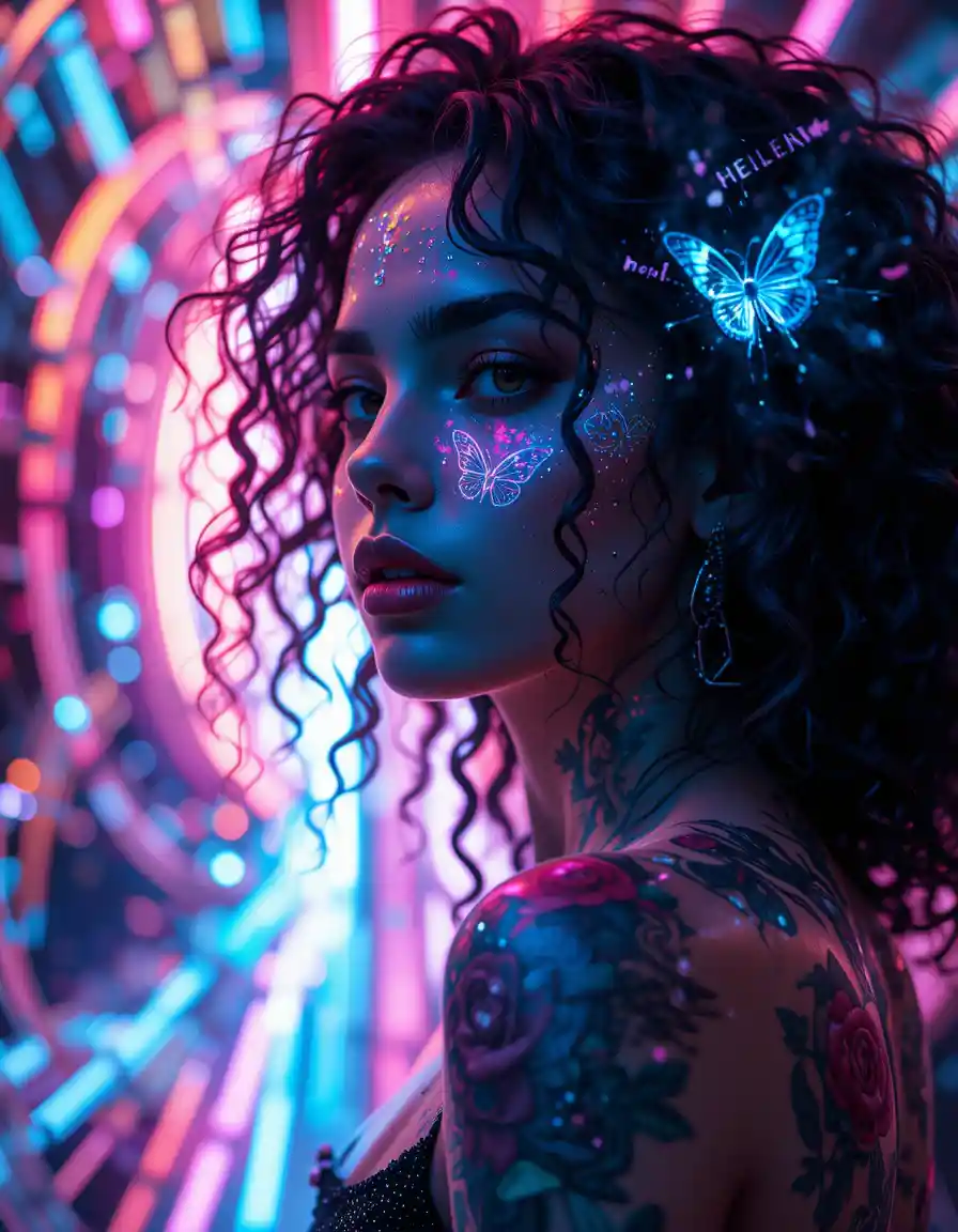 Cinematic portrait of a tattooed woman in neon glitch vortex