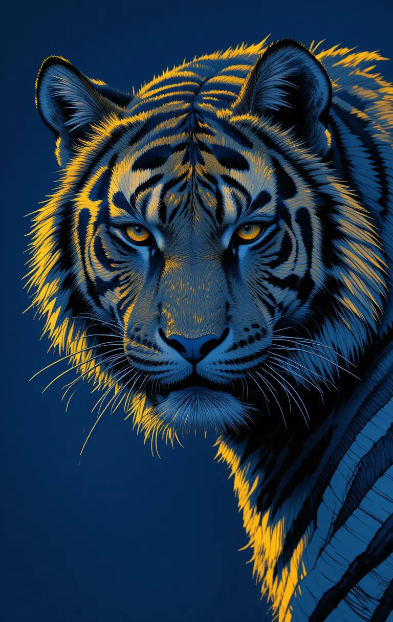 Midnight blue and gold line art tiger illustration