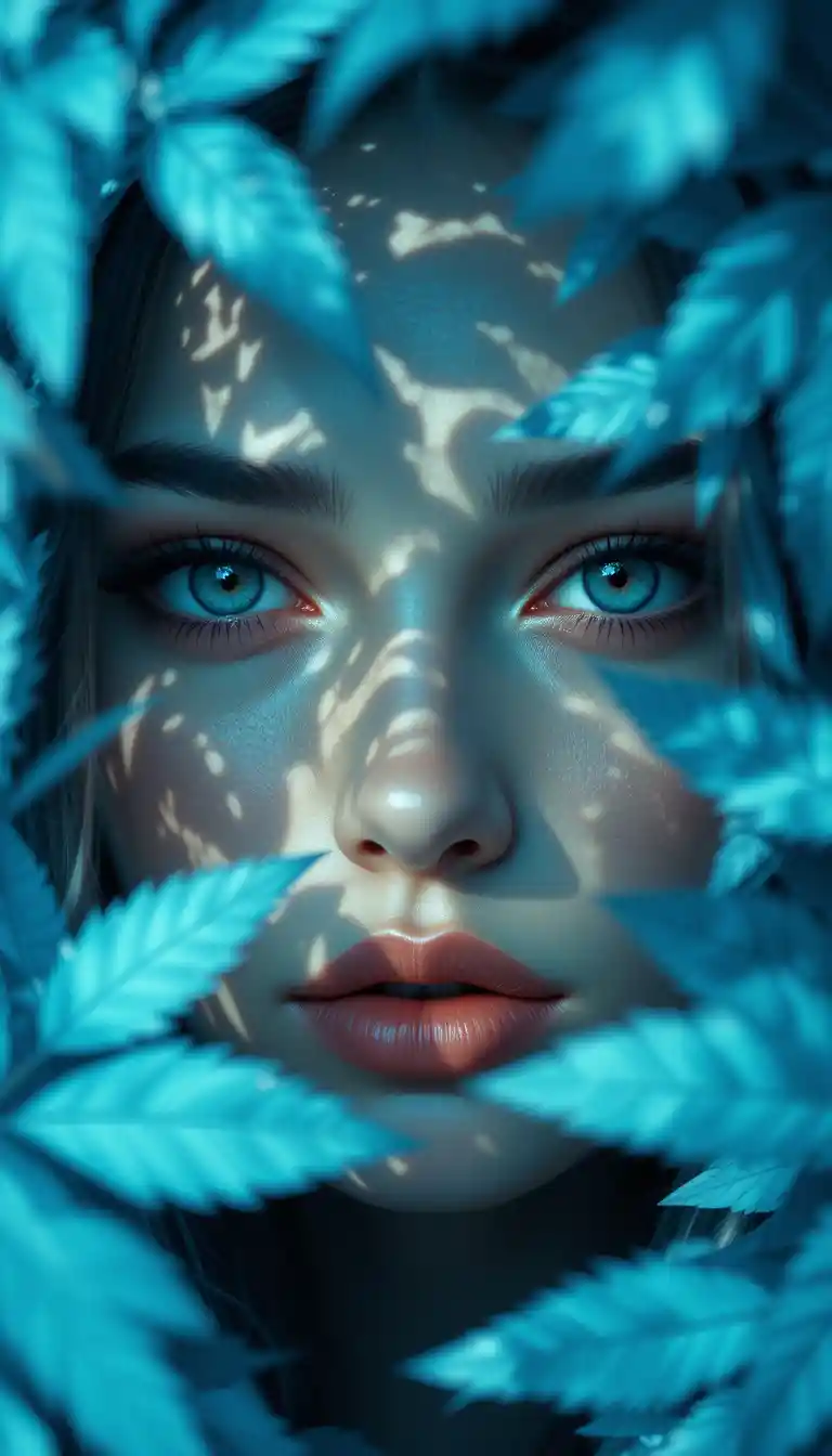 Portrait de femme partiellement caché par un feuillage bleu stylisé