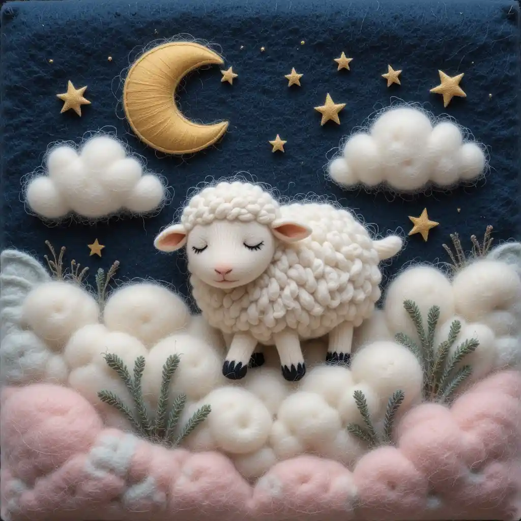 Filzschafe, die nachts in flauschigen Wollwolken ruhen