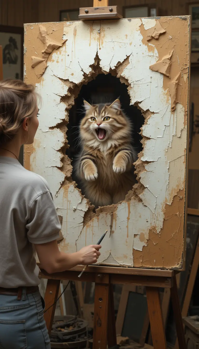 Woman painting as a cat jumps through torn canvas