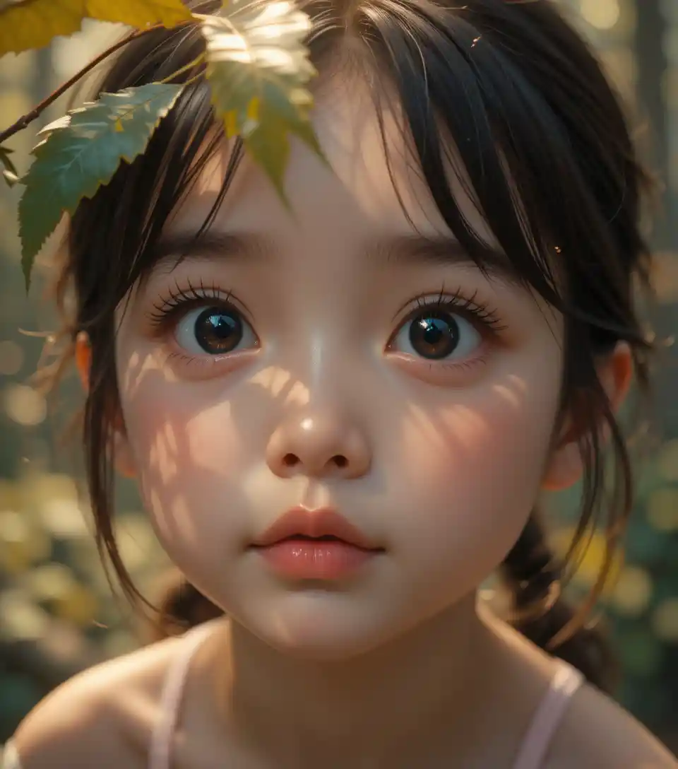Chinese preschool girl close up in golden forest light