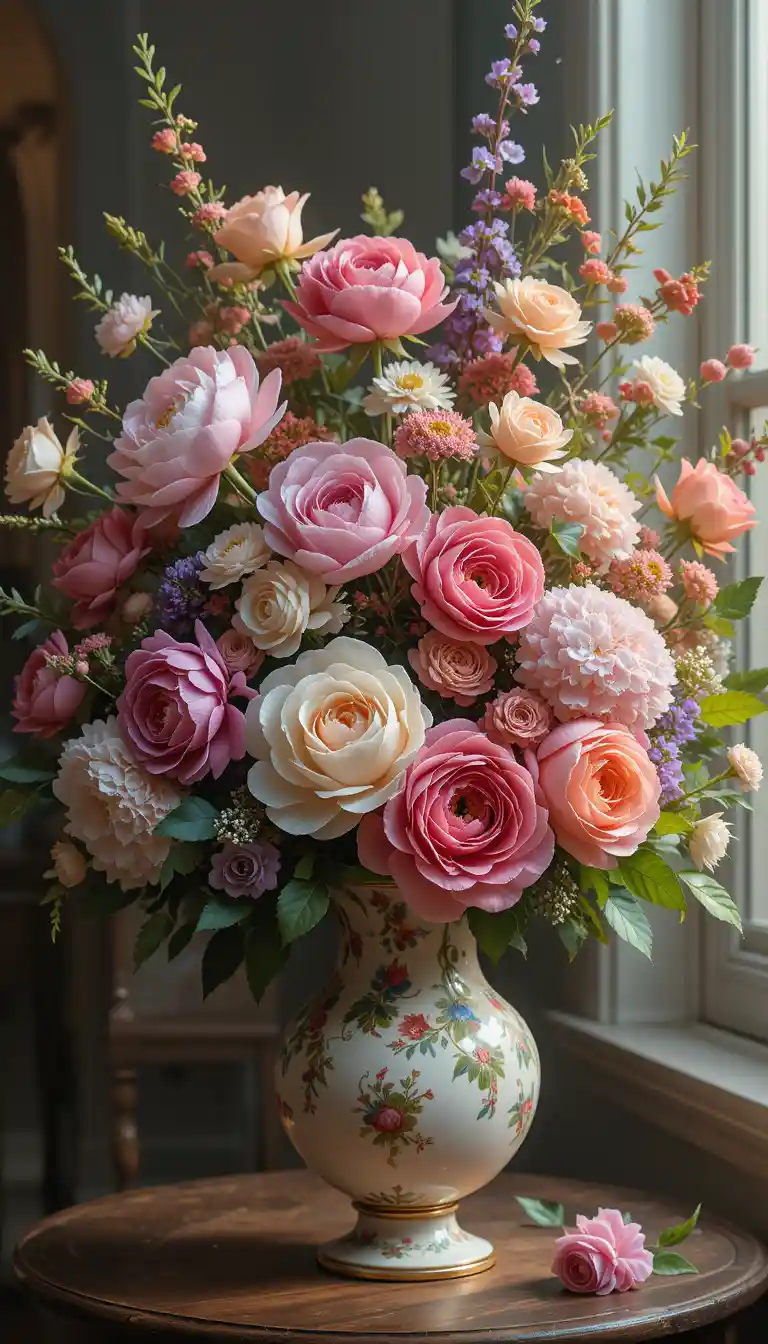 Vibrant flower bouquet in an antique vase with soft light