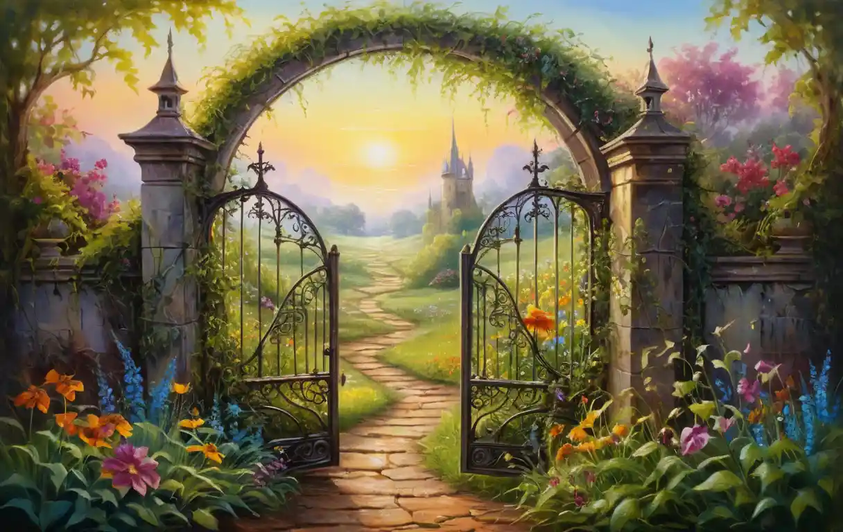 Magical victorian gate opening onto a lush sunrise meadow