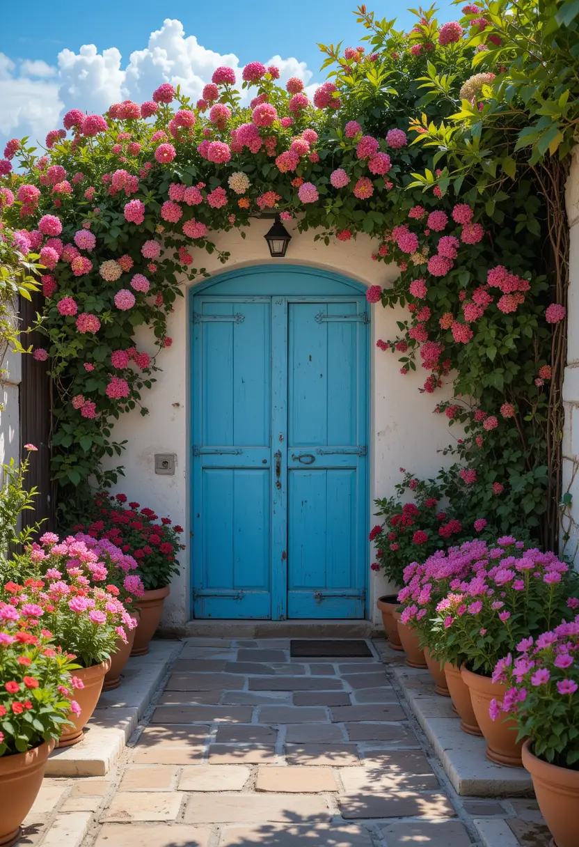 Stone path to blue wooden door by the turquoise sea