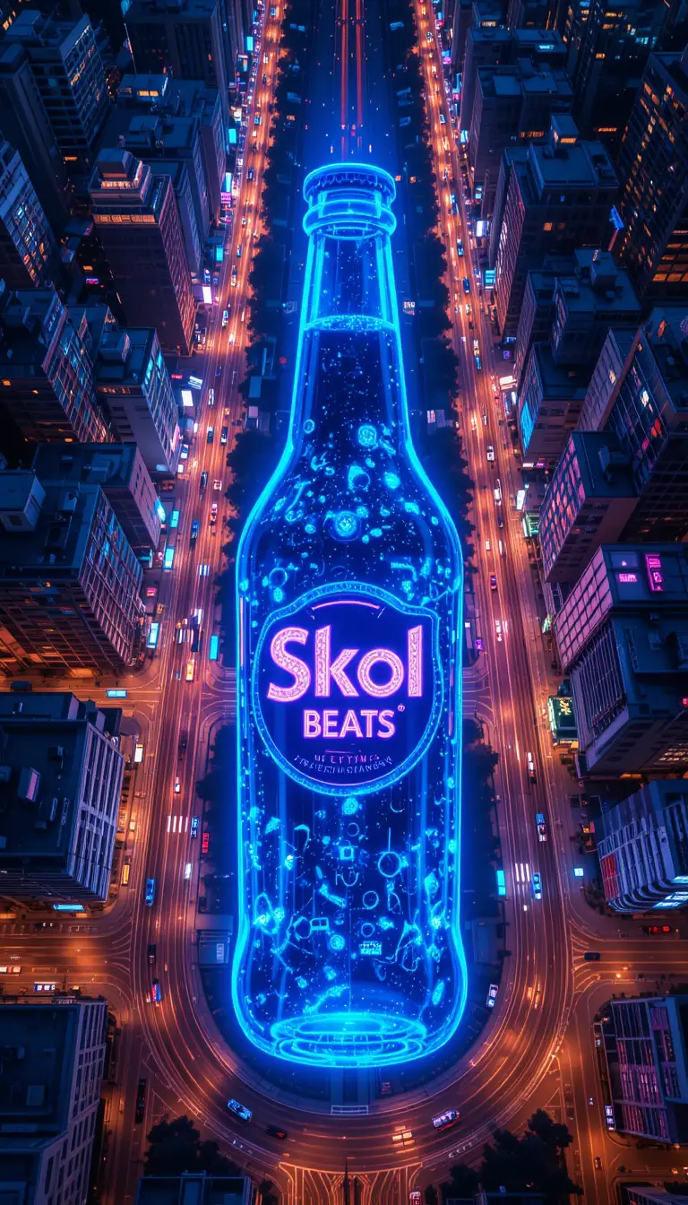 Nighttime city aerial view forming a glowing bottle