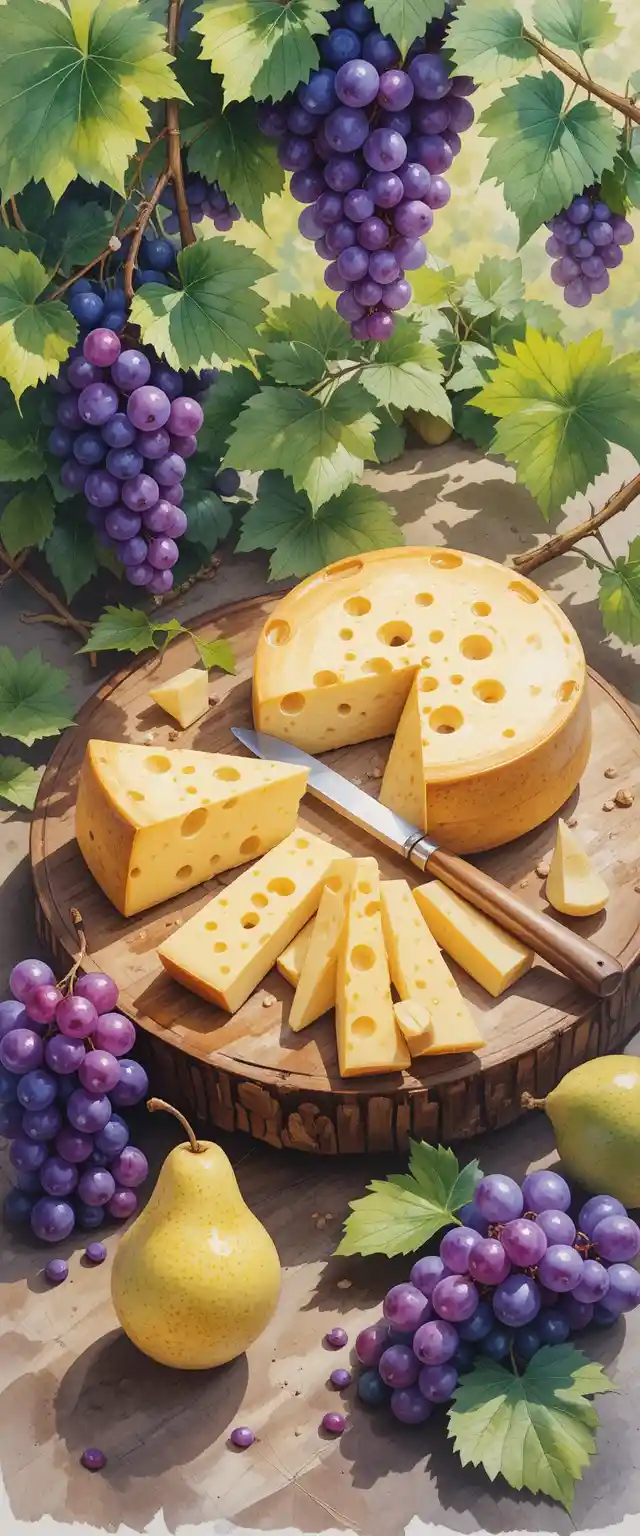 Watercolor still life of cheese fruit and grapes outdoors
