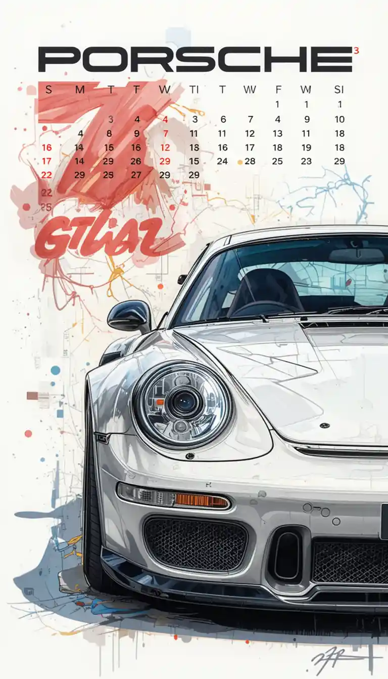 Illustration de calendrier d’une fresque de voiture de sport Porsche GT3