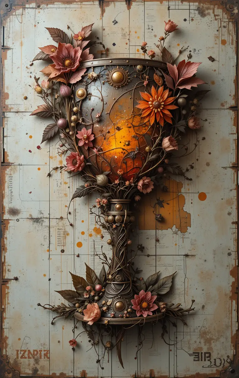 Industrial goblet wall art with floral sculpted details