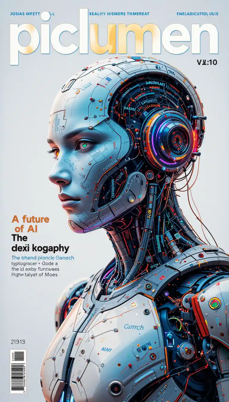 クリーンな雑誌の表紙に描かれた未来的なテキストベース・アンドロイド