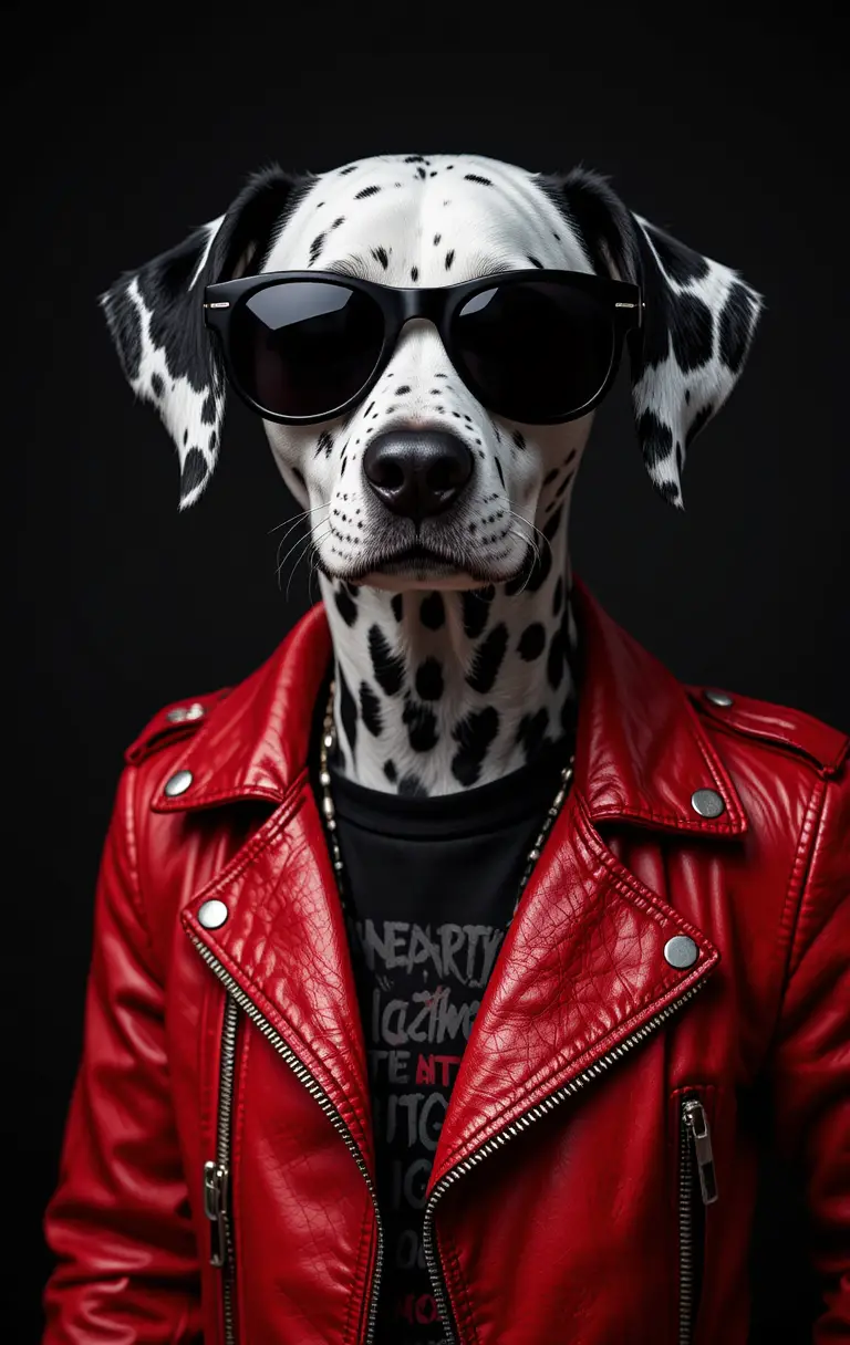 Dalmatian dog in red leather jacket and sunglasses